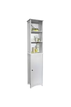 Image of American Cottage Tall Bathroom Storage Cupboard With Display Shelves White