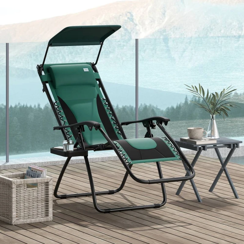Image of Outsunny Zero Gravity Lounger Chair, Folding Reclining Patio Chair with Shade Cover Dark Green
