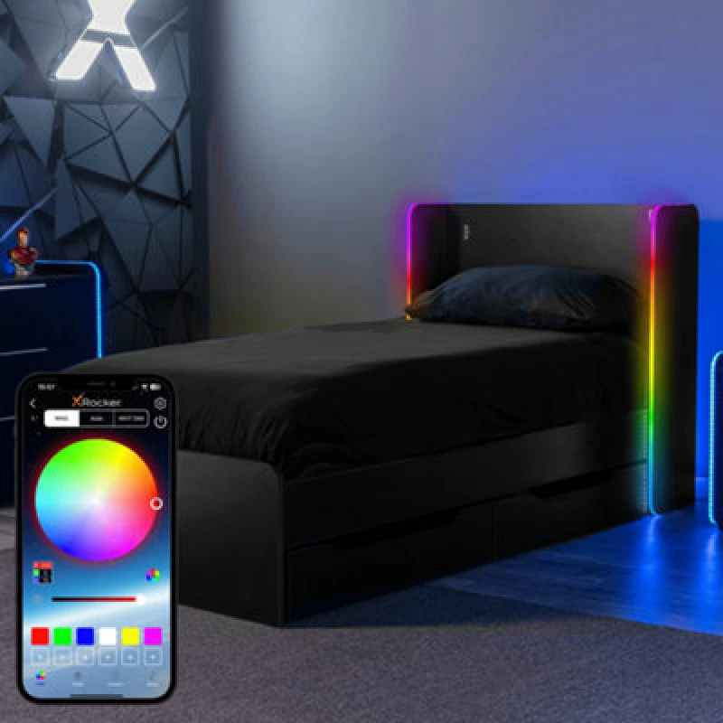 Image of X Rocker Electra RGB Gaming Bed with Trundle Storage App Controlled LED Lights Black