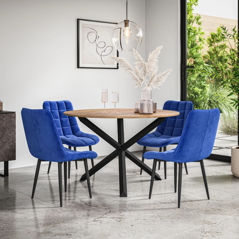 Image of More4Homes Malvern Round Dining Table And Chairs - Oak Table Top W Solid Black Oak Legs + Nova Velvet Dining Chair Set Of 4 (Blue)