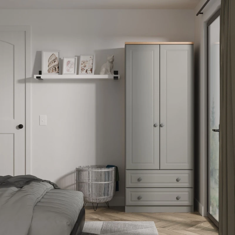 Image of Welcome Furniture Ready Assembled Norfolk 2ft6In 2 Drawer Wardrobe In Dusk Grey & Bardolino Oak, Grey NOR061DGBO