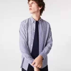 Image of Lacoste Mens Regular Fit Striped Cotton Shirt Size 16 - 41 White / Navy Blue