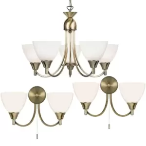 Image of 5 Lamp Ceiling & 2x Twin Wall Light Pack Antique Brass Glass Matching Fittings