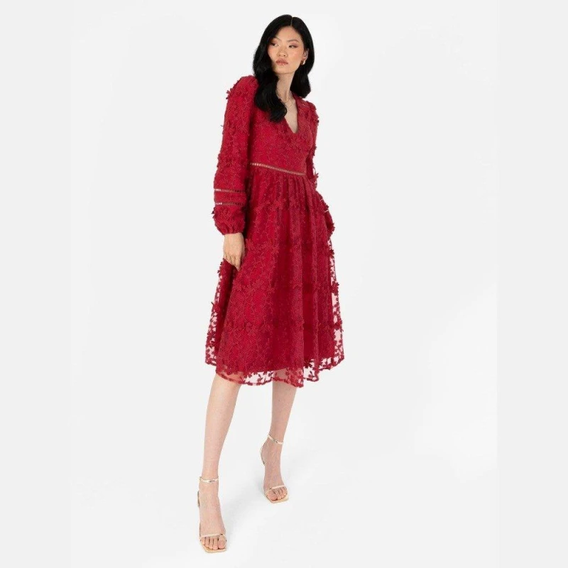 Image of Maya Deluxe Maya 3D Floral Embroidered Maxi Sleeve Midi Dress Red female 12 (M)