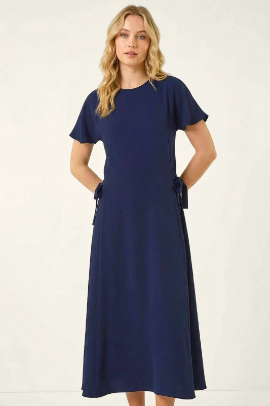 Image of Roman Womens Side Tie Detail Midi Dress in Navy Size: 10 Navy Female 10