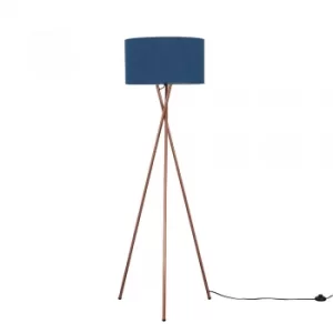 Image of Camden Copper Tripod Floor Lamp with XL Navy Blue Reni Shade