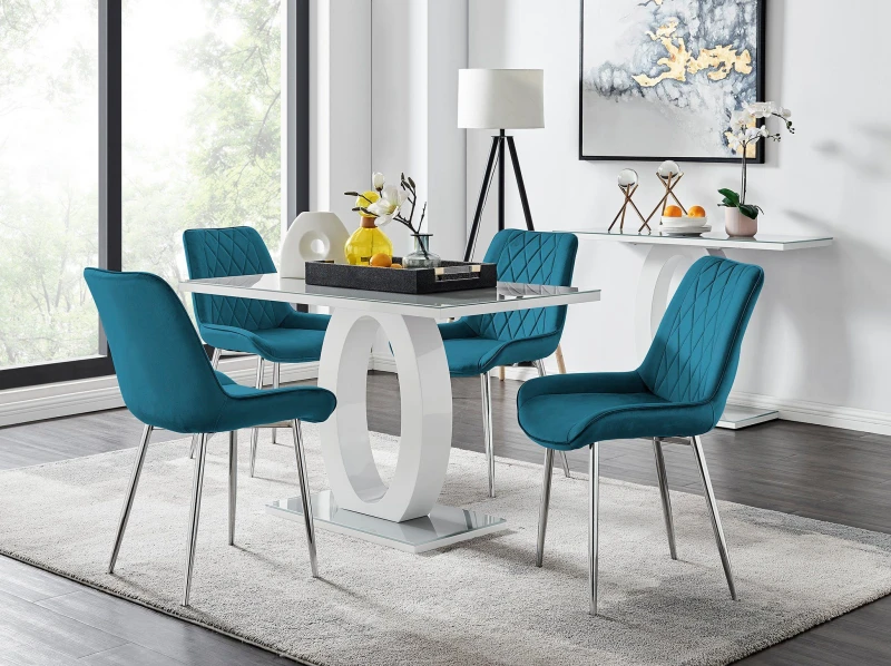 Image of FurnitureboxUK FurnitureboxUK Giovani 4 Grey Dining Table & 4 Pesaro Silver Leg Chairs in Blue Blue One Size Unisex 5056542650505