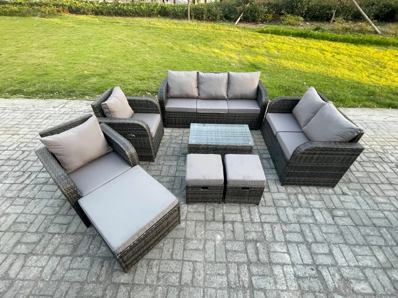 Image of Fimous Patio Garden Furniture Sets Wicker 10 Seater Outdoor Rattan Furniture Sofa Sets with Rectangular Coffee Table Reclining Chair Loveseat Sofa Dar