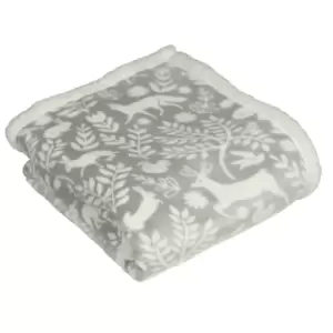 Image of Furn. Scandi Woodland Throw Printed Fleece Front With Sherpa Fleece Reverse Polyester Grey