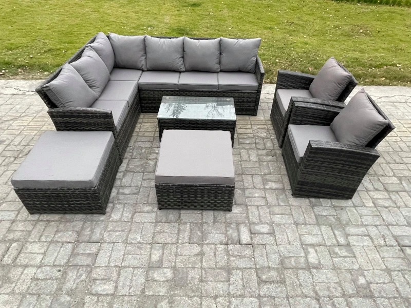 Image of Fimous 10 Seater Rattan Lounge Corner Sofa Set Wicker PE Outdoor Garden Furniture Set with Coffee Table 2 Big Footstool 2 Armchair in Dark Grey Dark G