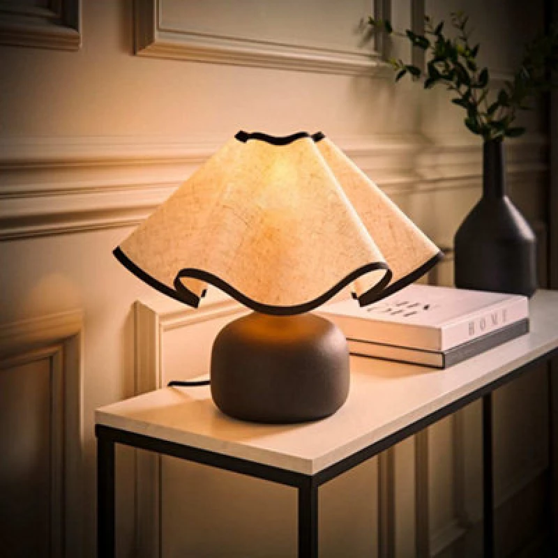 Image of Valuelights Emilia Black Ceramic Table Lamp With Linen Wave Shade And Bulb