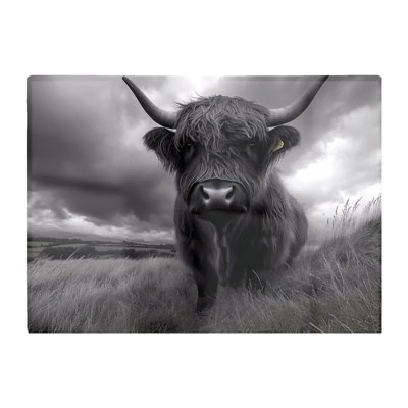 Image of Warren Reed Designer Black And White Highland Cow Glass Chopping Board