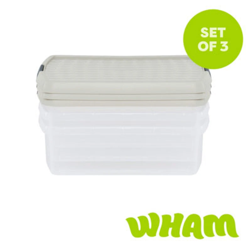 Image of Wham Clip 3X 13.2L Square Plastic Storage Boxes With Clip Lock Lids. Ideal For Home, Office, Toys & More - Clear/stone