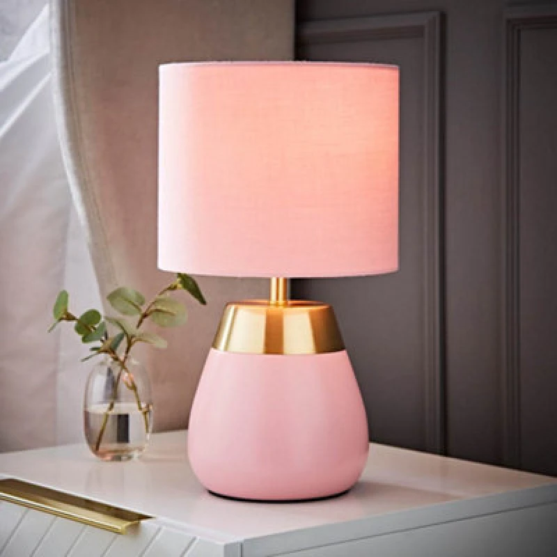 Image of ValueLights ValueLights Hurst Bulbous Touch Table Lamp with matching Drum Lamp Shade in Pale Pink Pale Pink One Size Unisex 5016529273288