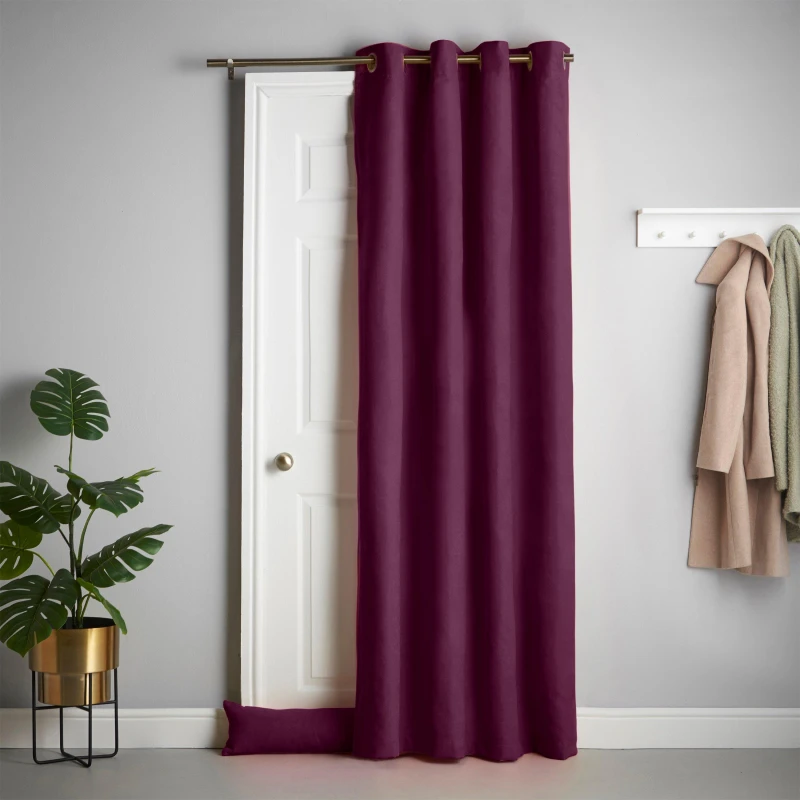 Image of Luxury Living Velvet Chenille Thermal Fleece Lined Single Eyelet Door Curtain Aubergine