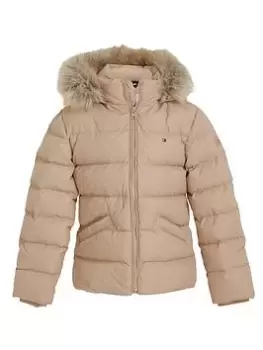 Image of Tommy Hilfiger Girls Essential Down Faux Fur Hood Jacket - Merino, Beige, Size 16 Years, Women