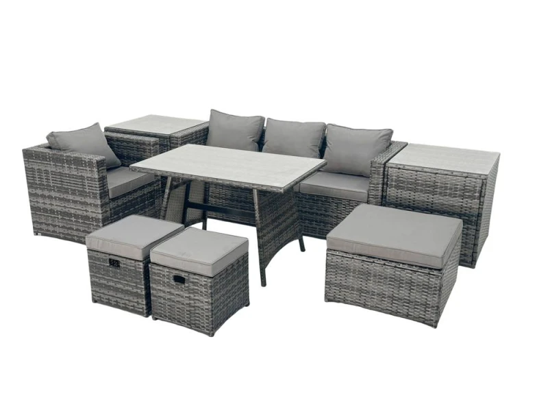Image of Fimous Rattan Dining Table Sofa Set with 2 Side Tables 3 Footstools Outdoor in Dark Grey Dark Grey Unisex