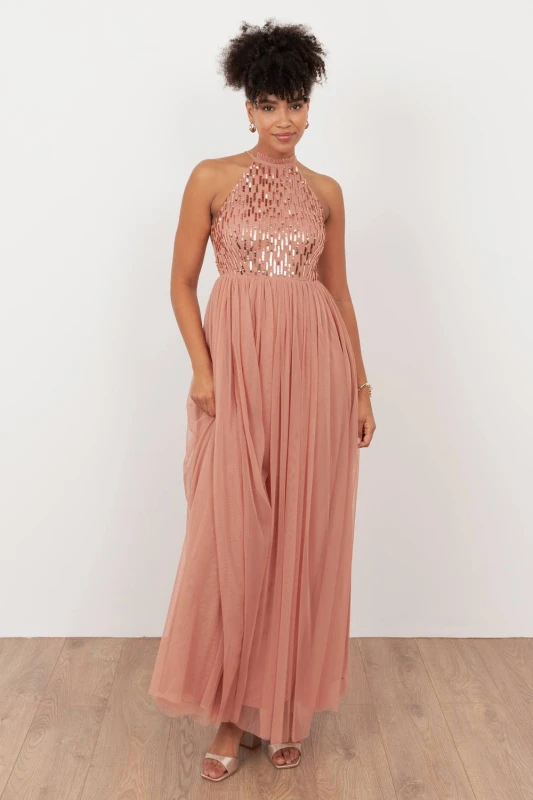 Image of Maya Deluxe Womens Linear Embellished Halter Neck Maxi Dress in Pink Size: 14 Pink Female 14