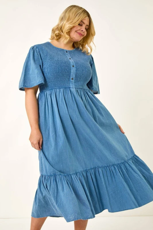 Image of Roman Womens Curve Denim Shirred Midi Dress in Blue Size: 20 Blue Female 20