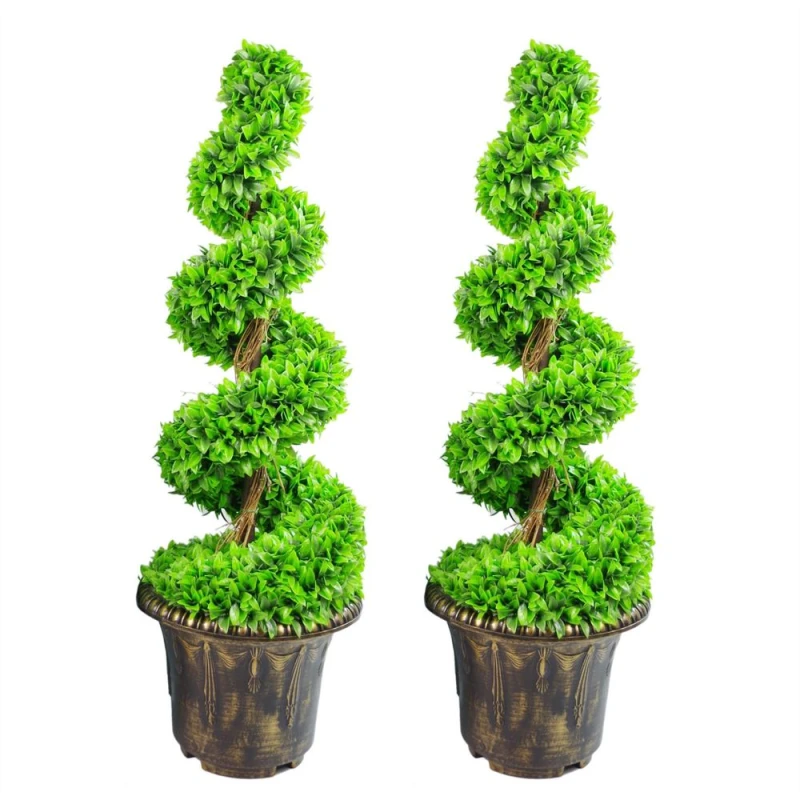 Image of Leaf Design 90cm Pair of Green Large Leaf Spiral Topiary Trees with Decorative Planters