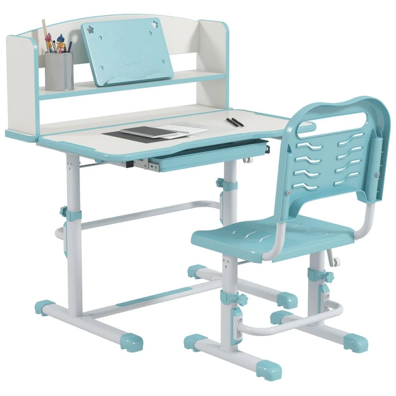 Image of Zonekiz Height Adjustable Kids Desk And Chair Set, With Drawer, Bookshelf, Blue 312-106V80BU