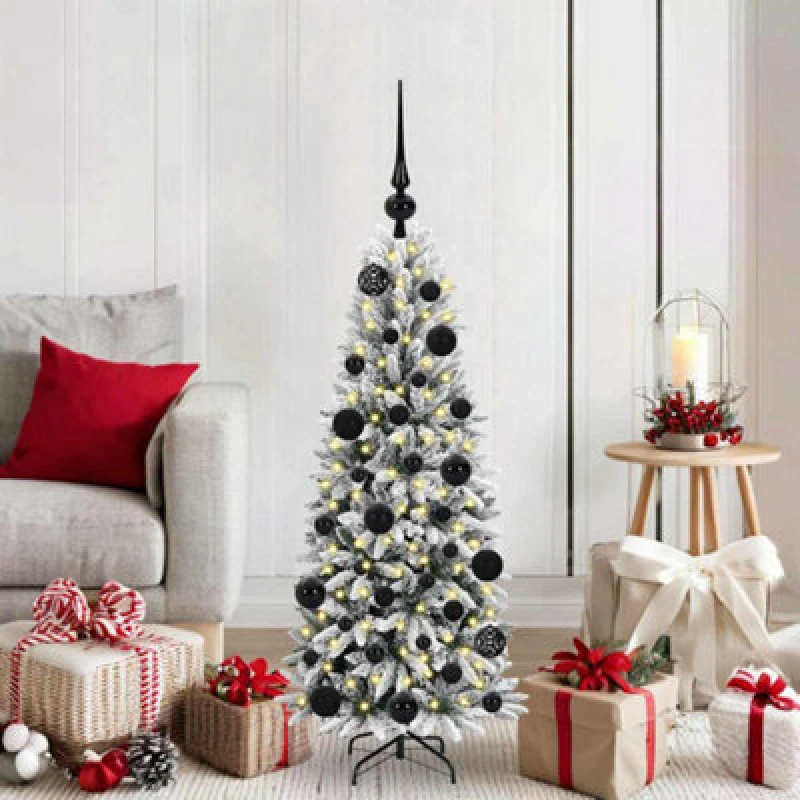 Image of vidaXL Artificial Christmas Tree with 150 LEDs, Black Balls White 53 x 53 x 120 cm, White 3396022