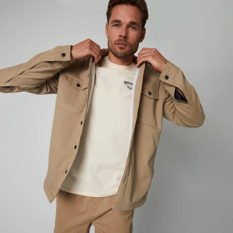 Image of Threadbare 'Pilot' Borg Lined Cotton Overshirt Stone