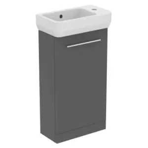 Image of Ideal Standard I.life S Matt Quartz Grey Freestanding Guest Unit, 45Cm Right Hand Taphole Guest Basin And Chrome Handle Pack