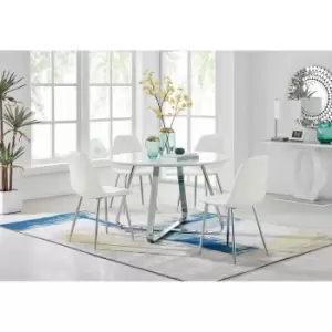 Image of Furniture Box Santorini White Round Dining Table and 4 White Corona Silver Leg Chairs