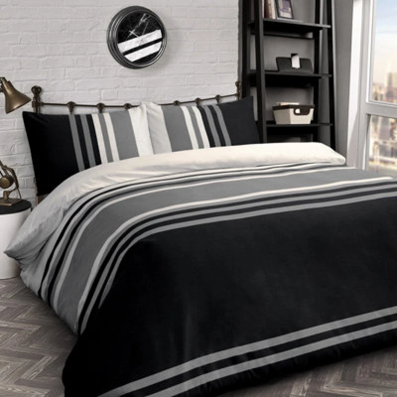 Image of Velosso Chic Striped Bedding Set With Pillowcase, Cotton Blend Duvet Cover, Breathable And Durable Bed Linen - Black