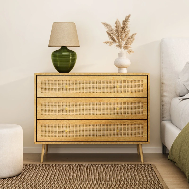 Image of Vonhaus Chest Of Drawers For Bedroom, Scandi Style Natural Rattan 3 Drawer Organiser, Wicker Dresser For Bedroom & Living Room