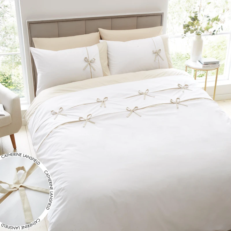 Image of Catherine Lansfield Milo Bow Duvet Cover & Pillowcase Set Natural