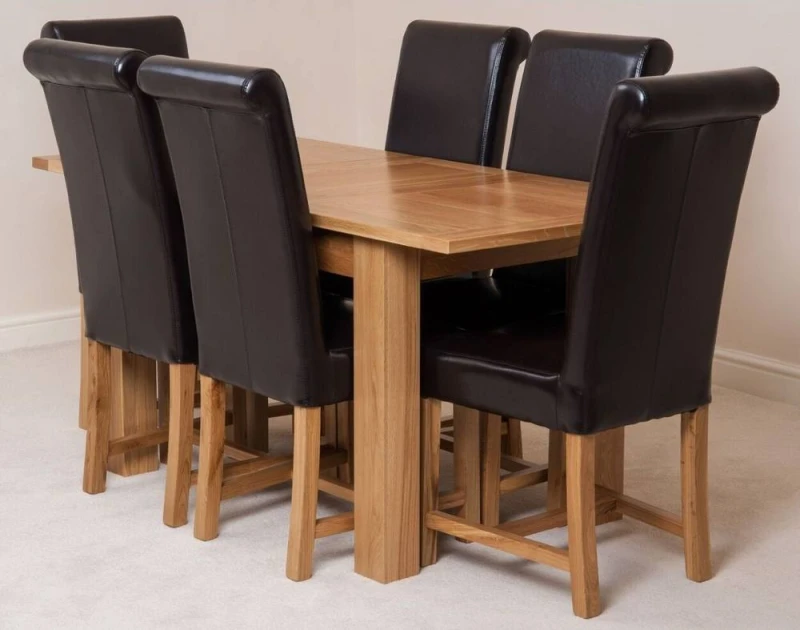 Image of Thats Furniture Hampton 120-160cm Oak Extending Dining Table + 6 Washington Leather Chairs in Brown Brown Unisex