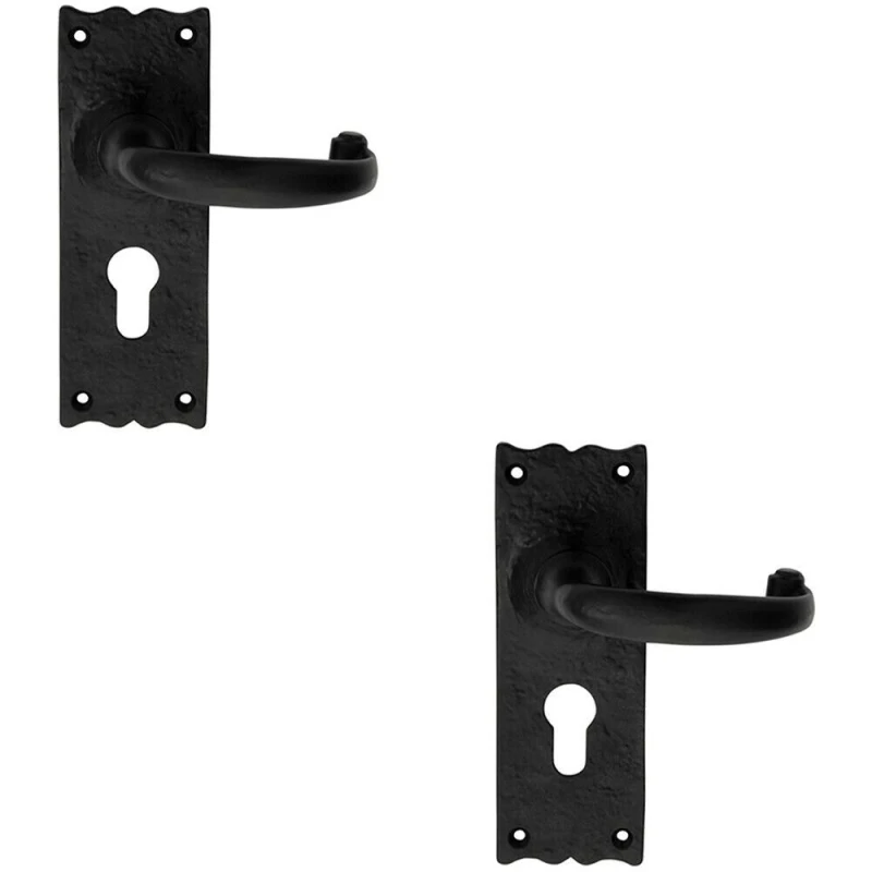 Image of Loops 2x PAIR Forged Curved Handle on Euro Lock Backplate 155 x 54mm Black Antique Black