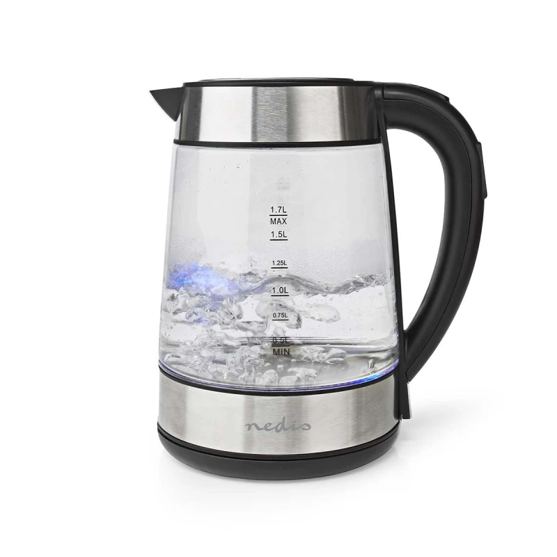 Image of Nedis Electric Glass Kettle, Large 1.7L Capacity, with Striking Blue Illuminated LED Light, Boil-Dry Protection, and Removable Filter for Fresher Wate