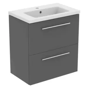 Image of Ideal Standard I.life S 60Cm Matt Quartz Grey 2 Drawer Vanity Unit, 61Cm Vanity Basin And Chrome Handle Pack