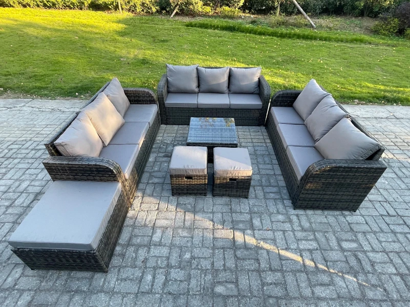 Image of Fimous 12 Seater Rattan Outdoor Furniture Set Patio Garden Sofa Set with Square Coffee Table 3 Seater Sofa 3 Footstools Dark Grey