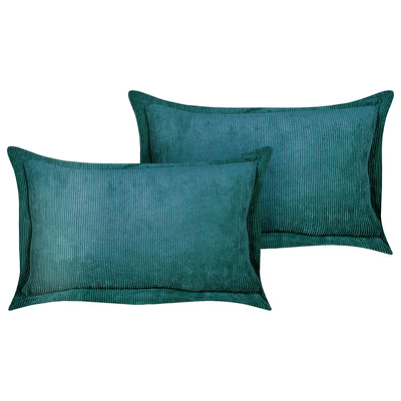 Image of Beliani Set Of 2 Decorative Cushions Zinnia Corduroy 47 X 27cm Teal Solid