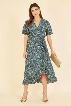 Image of Teal Leopard Foil Print Wrap Midi Dress