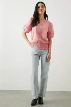 Image of Trim Detail Shirred Hem Blouse