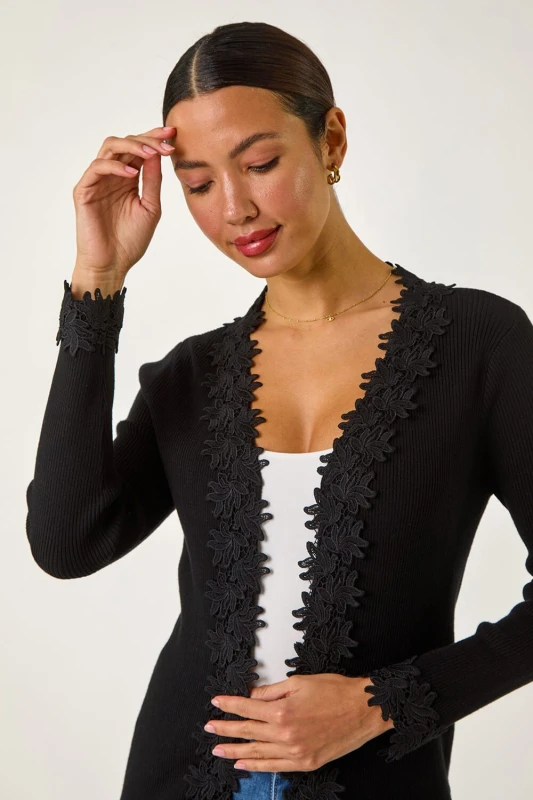 Image of Roman Womens Lace Trim Knit Cardigan in Black Size: 20 Black Female 20