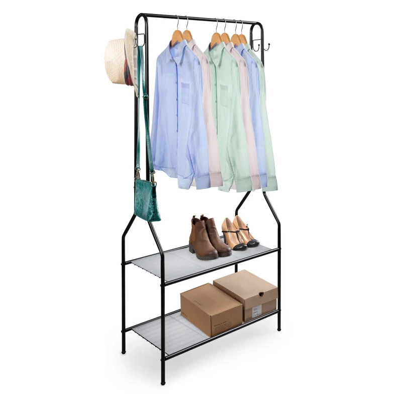 Image of House of Home Clothes Rack With 2 Shoe Shelves Rail For Coats Jackets 4 Hanging Storage Hooks Black unisex