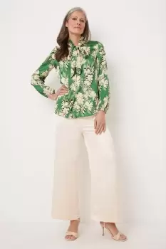 Image of Green Stencil Floral Tie Neck Blouse