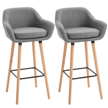 Image of HOMCOM Set of 2 Bar Stools Modern Upholstered Seat Bar Chairs w/ Metal Frame, Solid Wood Legs Living Room Dining Room Fabric Furniture - Beige AOSOM U
