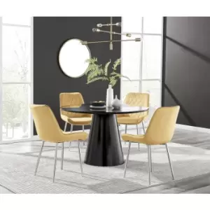 Image of Furniturebox Palma Black Semi Gloss 120cm Round Minimalist Dining Table & 4 Mustard Pesaro Silver Leg Chairs