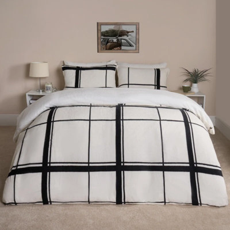 Image of OHS OHS Check Duvet Cover Bedding Set Teddy Fleece Warm Soft Quilt in Cream Size: Double Cream Double Unisex 5027434189076