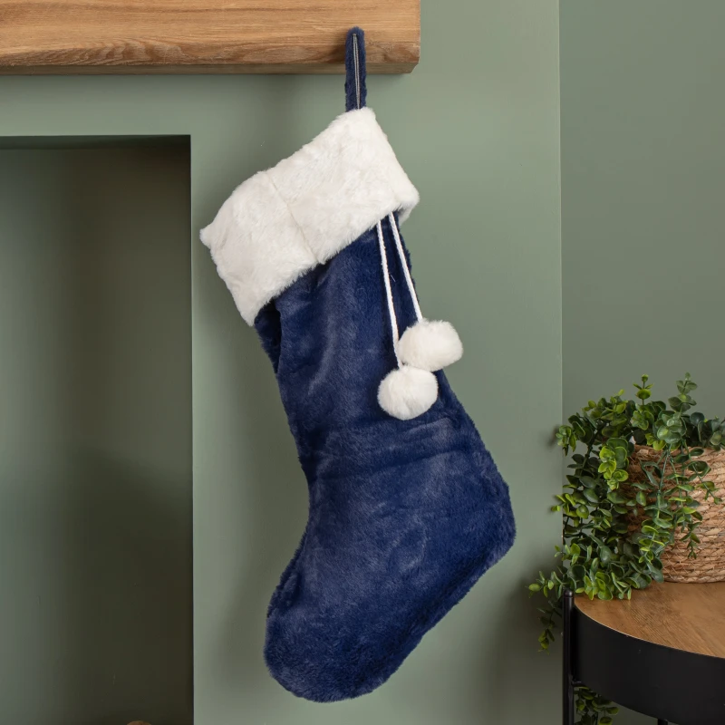 Image of 55cm Blue Soft Plush Hanging Christmas Stocking with Faux Fur Trim and Pom Poms