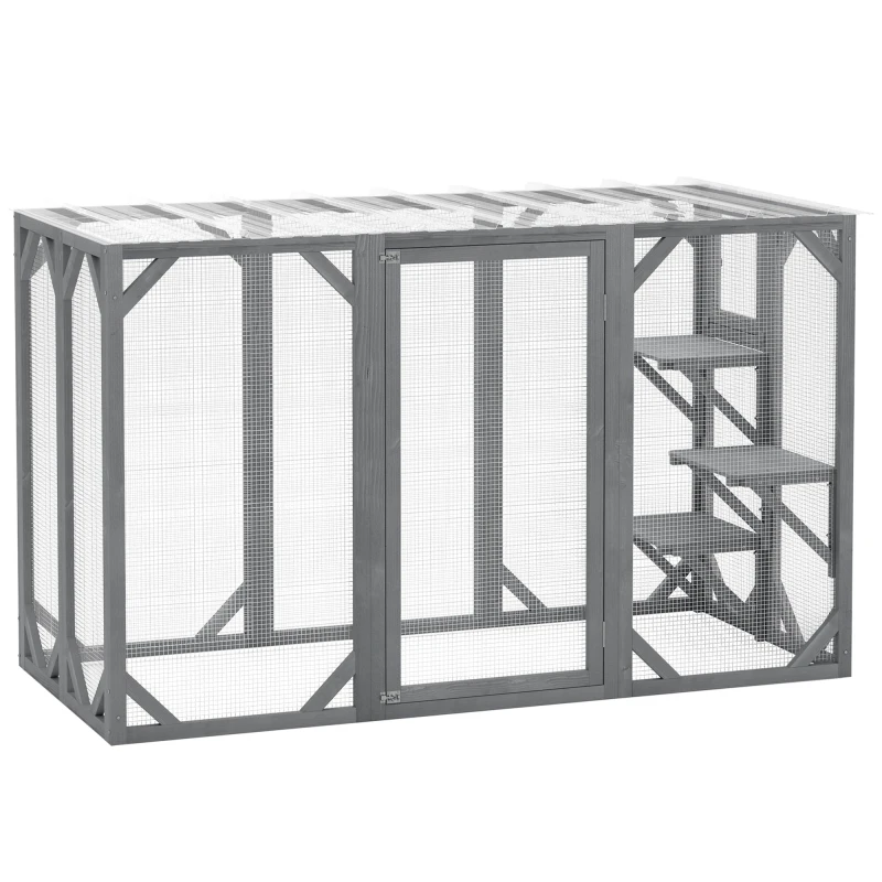 Image of PawHut 71"Wooden Cat House with 3 Platforms, Large Door for Multiple Cats Grey