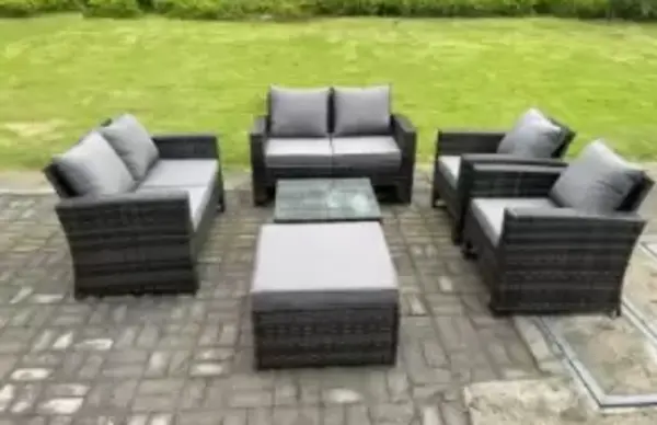Image of Fimous 6 Seater Outdoor Dark Grey Rattan Lounge Complete Sofa Set with Square Coffee Table and Big Footstool