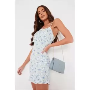 Image of I Saw It First Blue Floral Print Cami Ruched Bust Frill Bodycon Dress - Blue